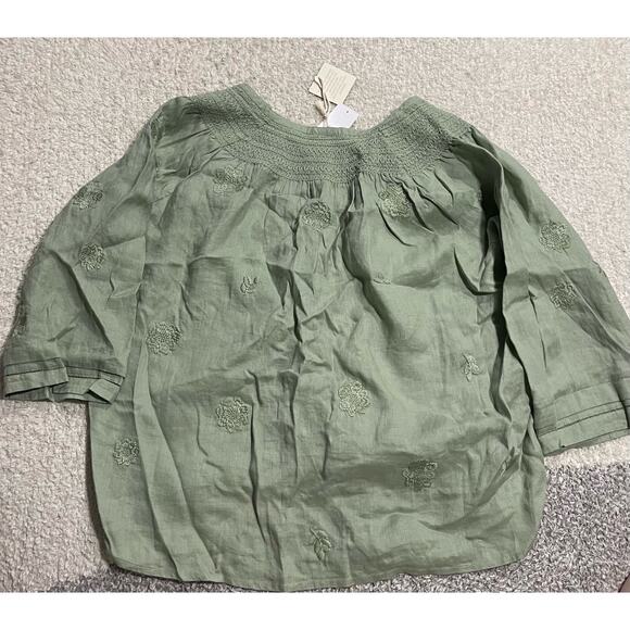 NWT Magaschoni Women's Size Medium Linen Embroidered V Neck Peasant Blouse Green - Picture 2 of 11